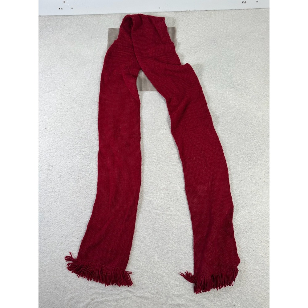 Knit Scarf Unisex OS Red Fair Condition Long Fringe Ribbed Winter Cozy Warm
